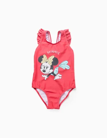 Swimsuit with Minnie print and ruffled straps for girls, coral