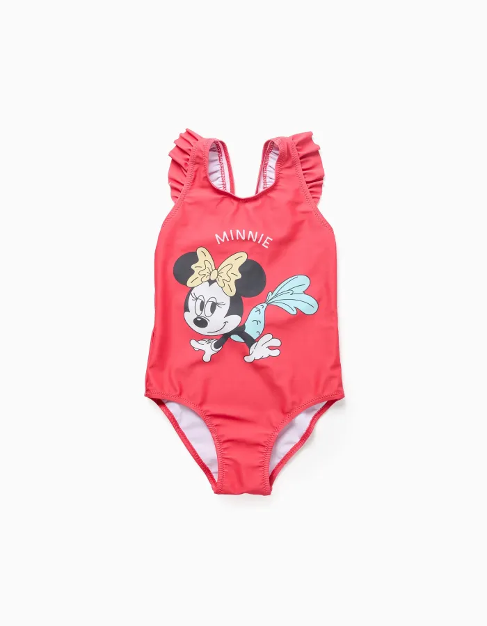 Swimsuit with Minnie print and ruffled straps for girls, coral