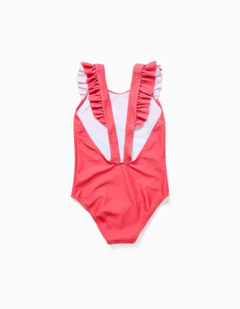 Swimsuit with Minnie print and ruffled straps for girls, coral