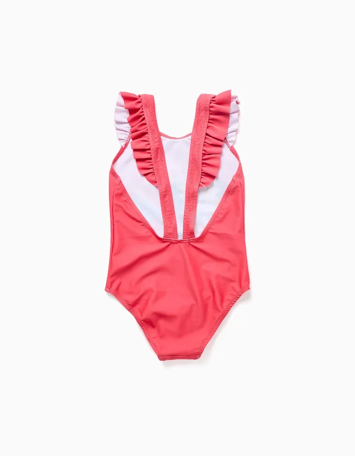 Swimsuit with Minnie print and ruffled straps for girls, coral