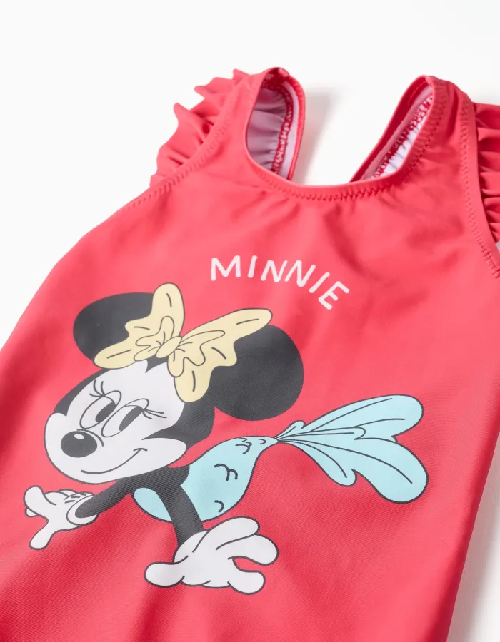 Swimsuit with Minnie print and ruffled straps for girls, coral