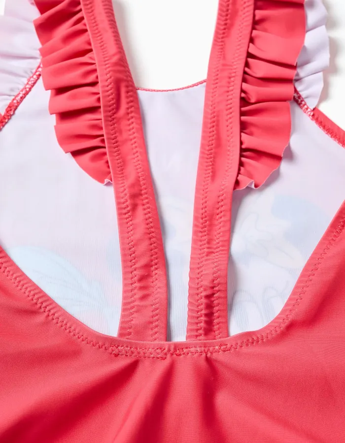 Swimsuit with Minnie print and ruffled straps for girls, coral