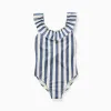 Striped swimsuit with ruffles You&Me for girls, white/blue