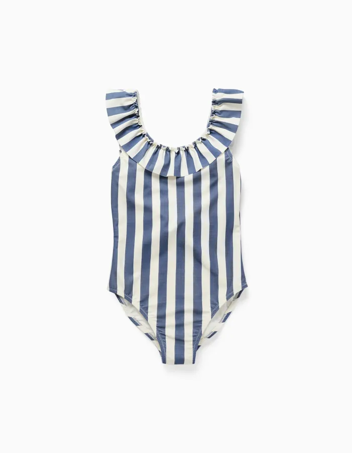 Striped swimsuit with ruffles You&Me for girls, white/blue