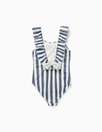 Striped swimsuit with ruffles You&Me for girls, white/blue