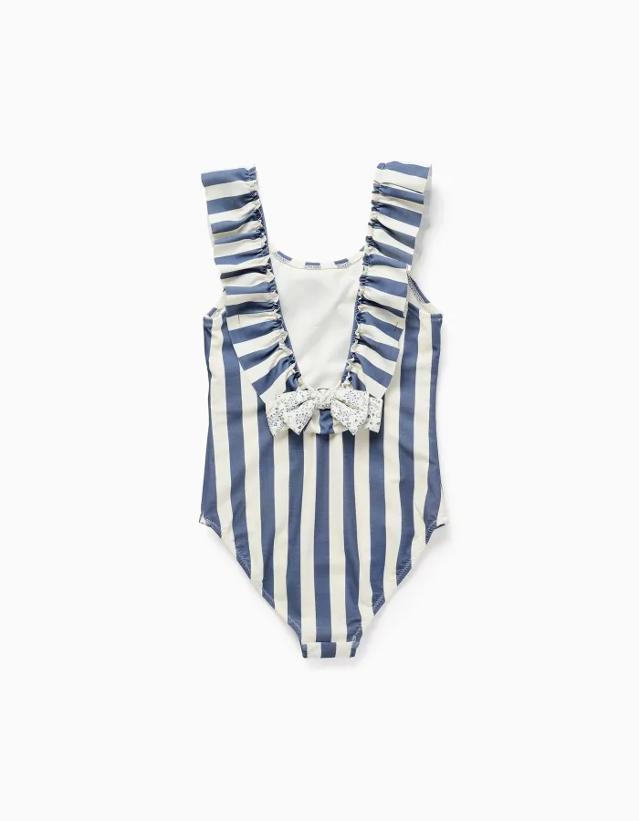 Striped swimsuit with ruffles You&Me for girls, white/blue