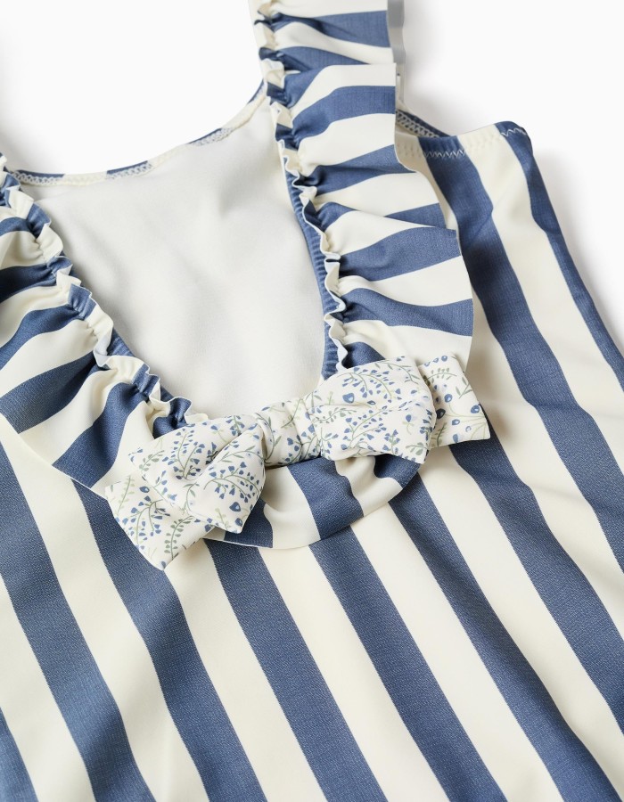 Striped swimsuit with ruffles You&Me for girls, white/blue