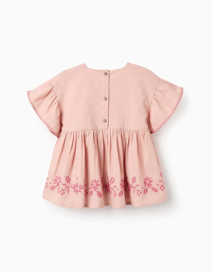 Blouse with Texture and Cross-Stitch Embroidery for Girls, Pink
