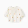 Cotton and Linen Blouse with Flowers and Crochet for Girls, White
