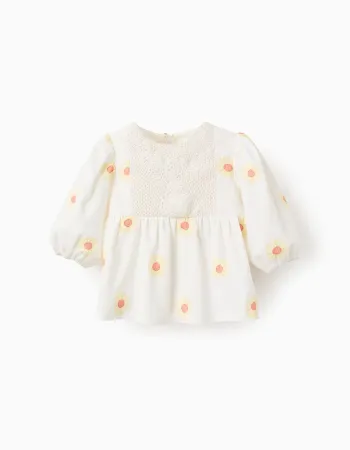 Cotton and Linen Blouse with Flowers and Crochet for Girls, White