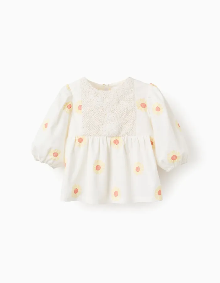 Cotton and Linen Blouse with Flowers and Crochet for Girls, White
