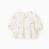 Cotton and Linen Blouse with Flowers and Crochet for Girls, White