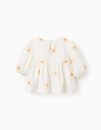 Cotton and Linen Blouse with Flowers and Crochet for Girls, White