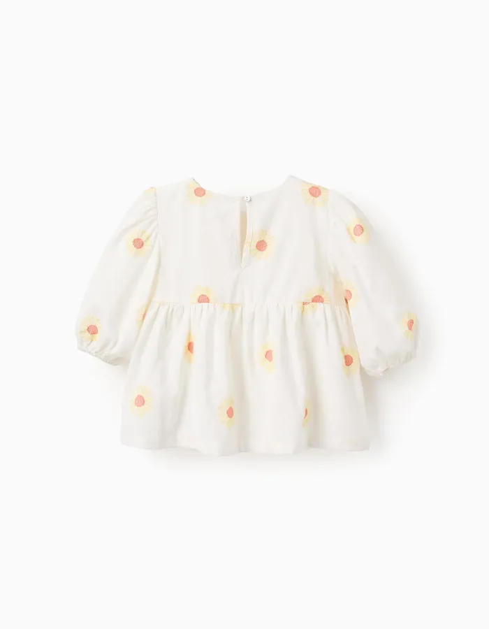 Cotton and Linen Blouse with Flowers and Crochet for Girls, White