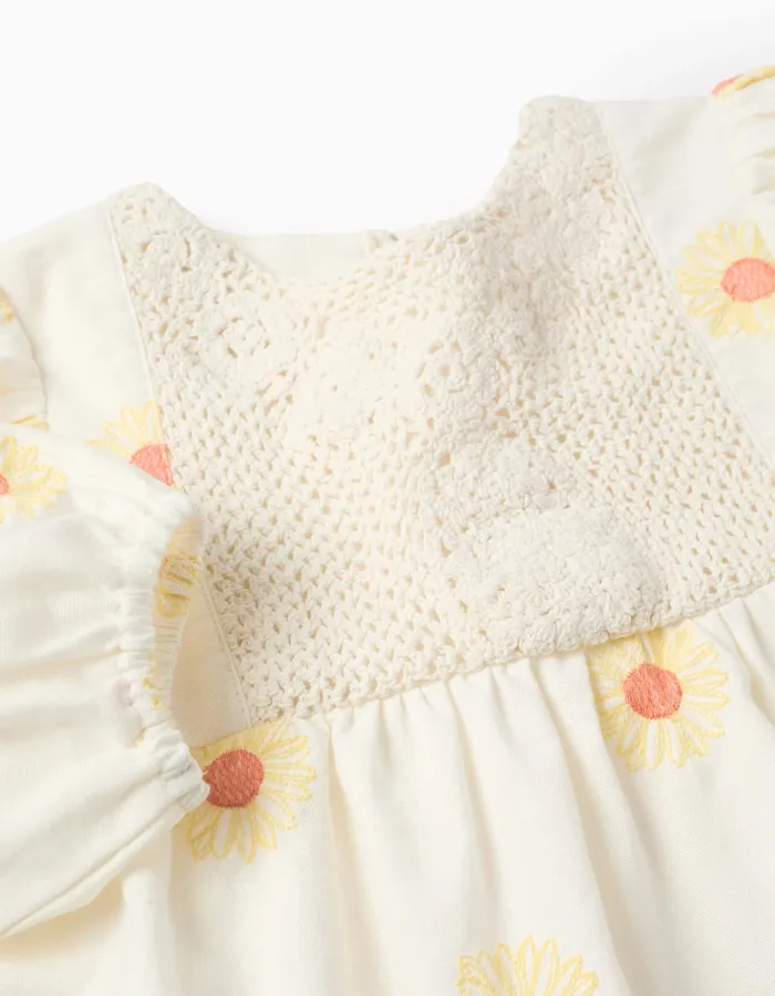 Cotton and Linen Blouse with Flowers and Crochet for Girls, White