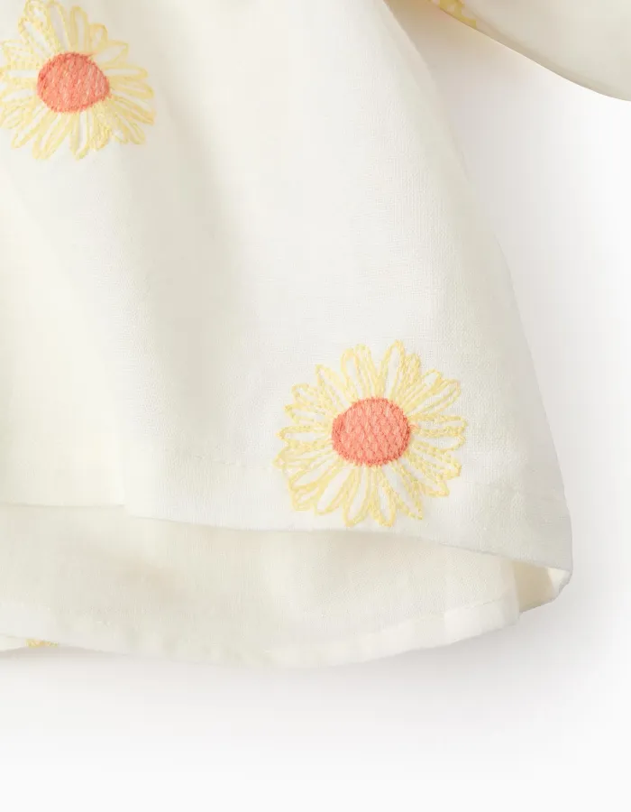 Cotton and Linen Blouse with Flowers and Crochet for Girls, White