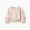 Twill Blouse with Ruffles and Flower Embroidery for Girls, Beige