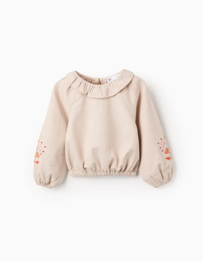 Twill Blouse with Ruffles and Flower Embroidery for Girls, Beige