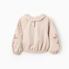 Twill Blouse with Ruffles and Flower Embroidery for Girls, Beige