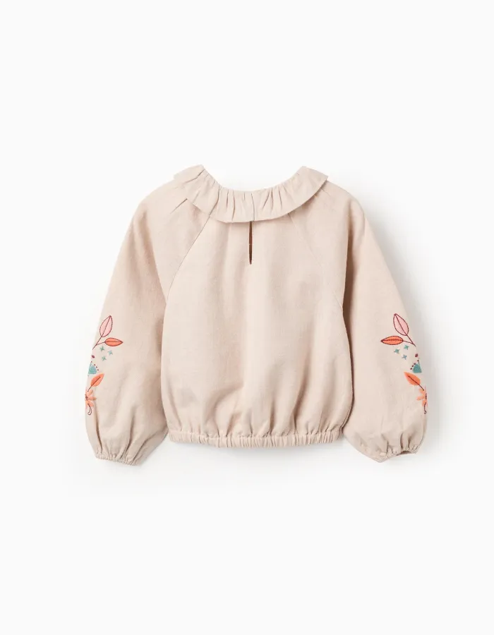 Twill Blouse with Ruffles and Flower Embroidery for Girls, Beige