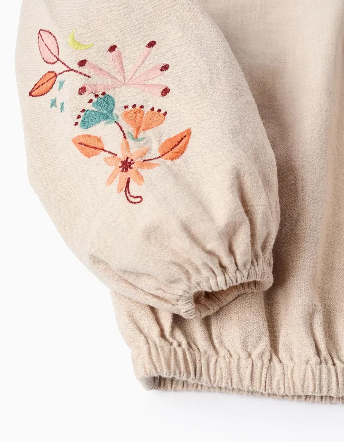 Twill Blouse with Ruffles and Flower Embroidery for Girls, Beige
