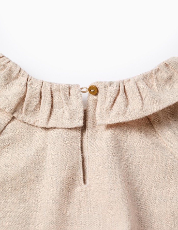 Twill Blouse with Ruffles and Flower Embroidery for Girls, Beige