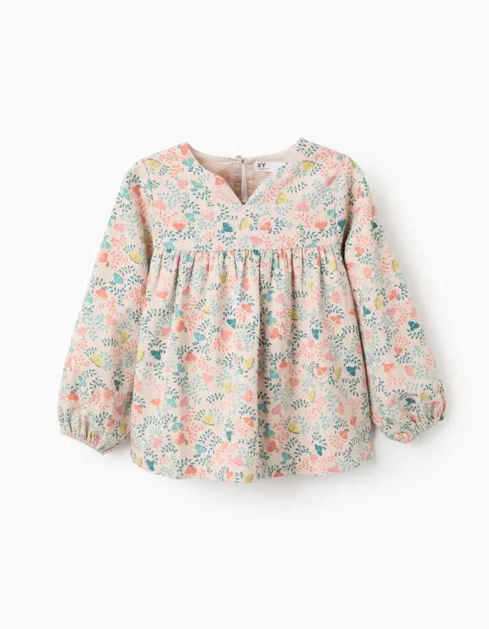 Twill Tunic with Colourful Floral Motif for Girls, Beige
