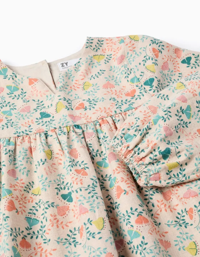 Twill Tunic with Colourful Floral Motif for Girls, Beige