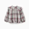 Cotton blouse with ruffles and check 'B&S' for girls, multicolour
