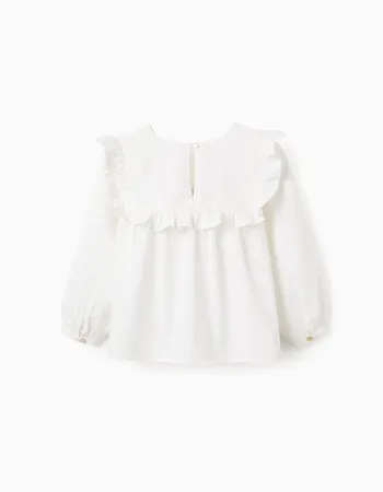 Cotton Blouse with Ruffles and Embroidery for Girls, White