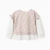 Floral Dual-Fabric Cotton Blouse for Girls, Multicolour
