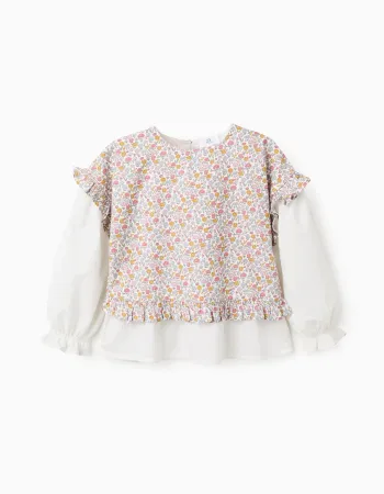 Floral Dual-Fabric Cotton Blouse for Girls, Multicolour
