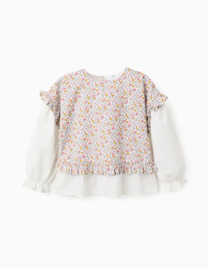 Floral Dual-Fabric Cotton Blouse for Girls, Multicolour