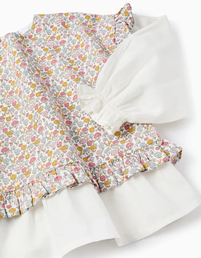 Floral Dual-Fabric Cotton Blouse for Girls, Multicolour