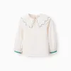 Poplin blouse with embroidered details for girls, white/turquoise blue