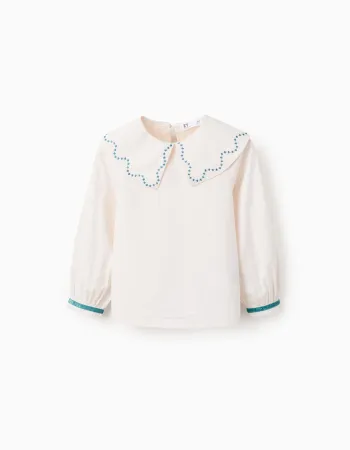 Poplin blouse with embroidered details for girls, white/turquoise blue
