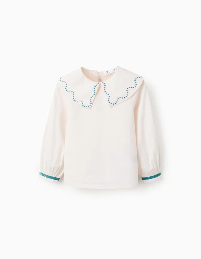 Poplin blouse with embroidered details for girls, white/turquoise blue