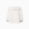 Poplin blouse with embroidered details for girls, white/turquoise blue