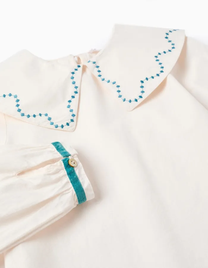 Poplin blouse with embroidered details for girls, white/turquoise blue