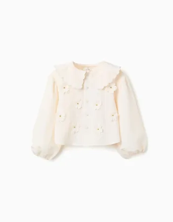 Blouse with balloon sleeves and floral appliqué for girls, light beige