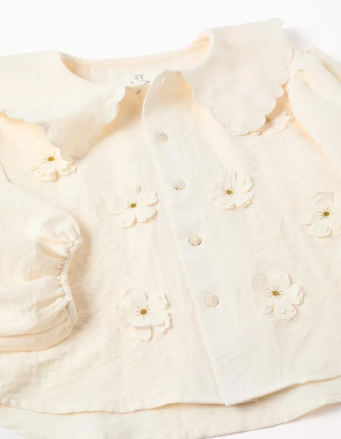 Blouse with balloon sleeves and floral appliqué for girls, light beige