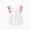 Blouse in linen and cotton with ruffles for girls, white/pink