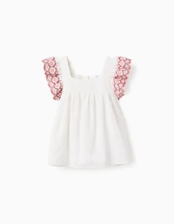 Blouse in linen and cotton with ruffles for girls, white/pink