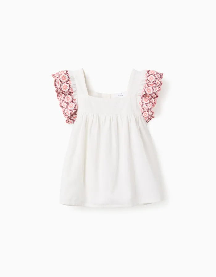 Blouse in linen and cotton with ruffles for girls, white/pink