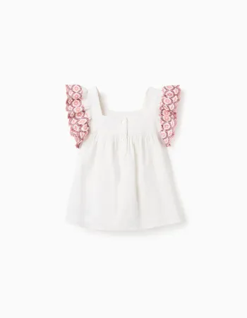 Blouse in linen and cotton with ruffles for girls, white/pink