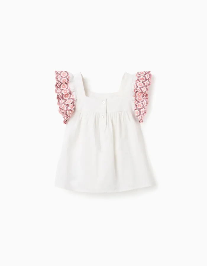 Blouse in linen and cotton with ruffles for girls, white/pink