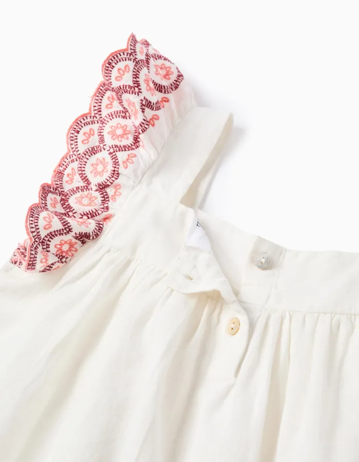 Blouse in linen and cotton with ruffles for girls, white/pink