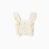 Cotton and linen top with ruffled straps for girls, light beige