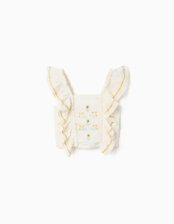 Cotton and linen top with ruffled straps for girls, light beige