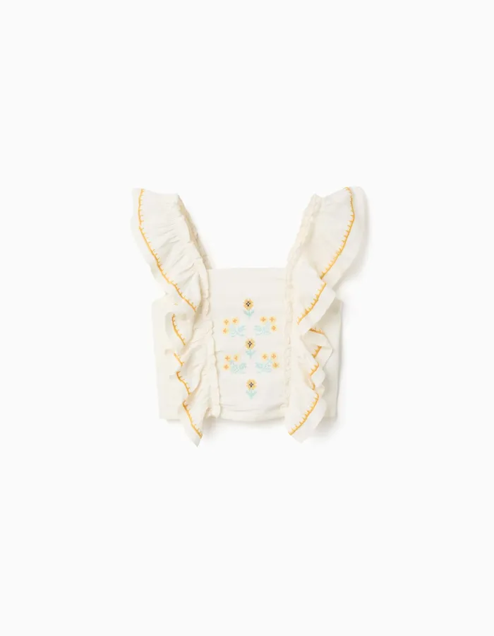 Cotton and linen top with ruffled straps for girls, light beige